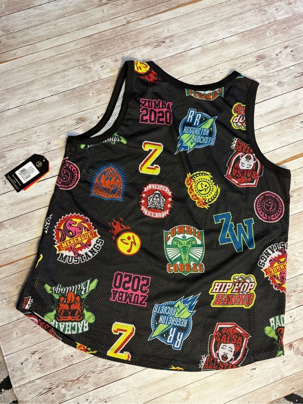 Zumba Fitness Black Mesh Jersey Tank with Neon Patch Graphics - Picture 4 of 5